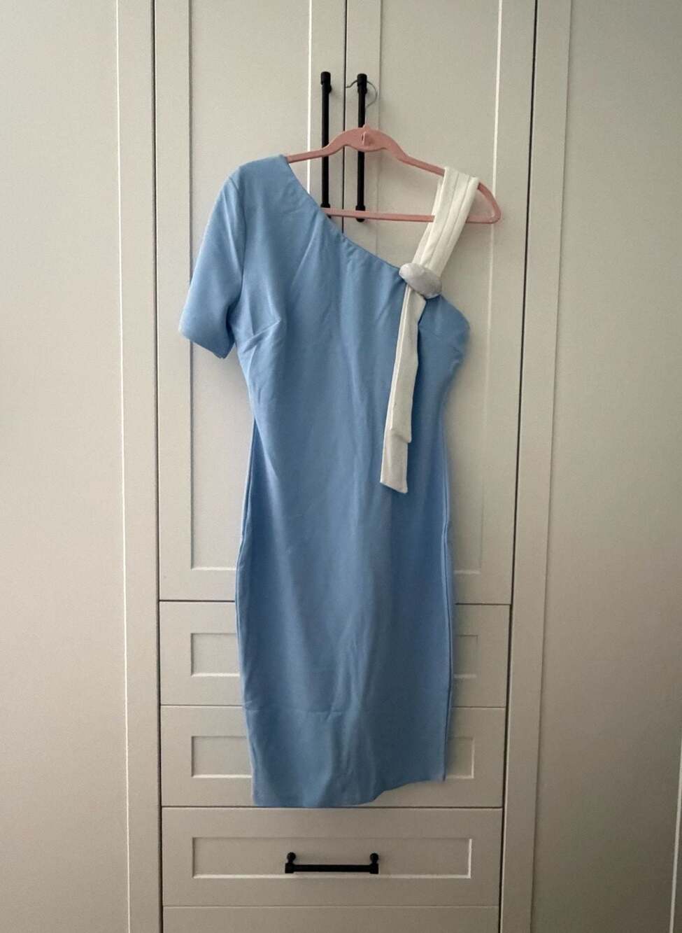 Valentine One Shoulder Midi Dress Light Blue White Size L